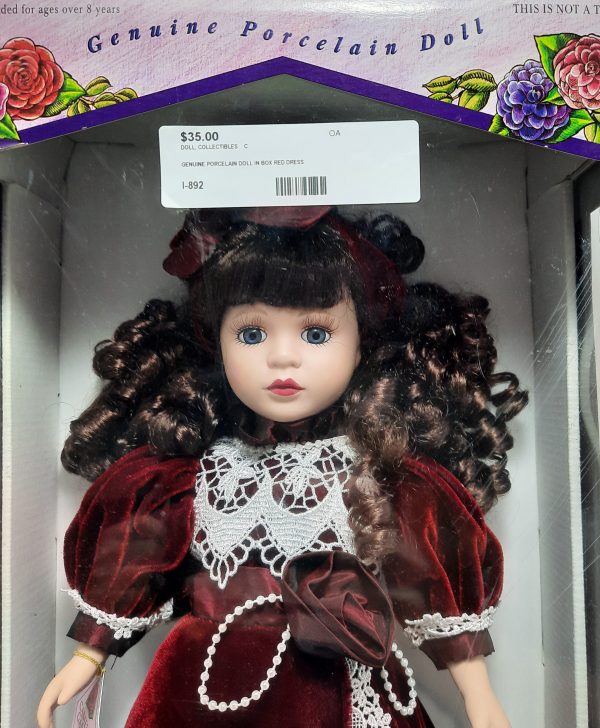 Porcelain Girl Doll in Red Velvet Dress