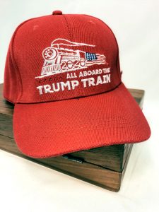 Red Trump 2020 Hat All aboard train American Flag